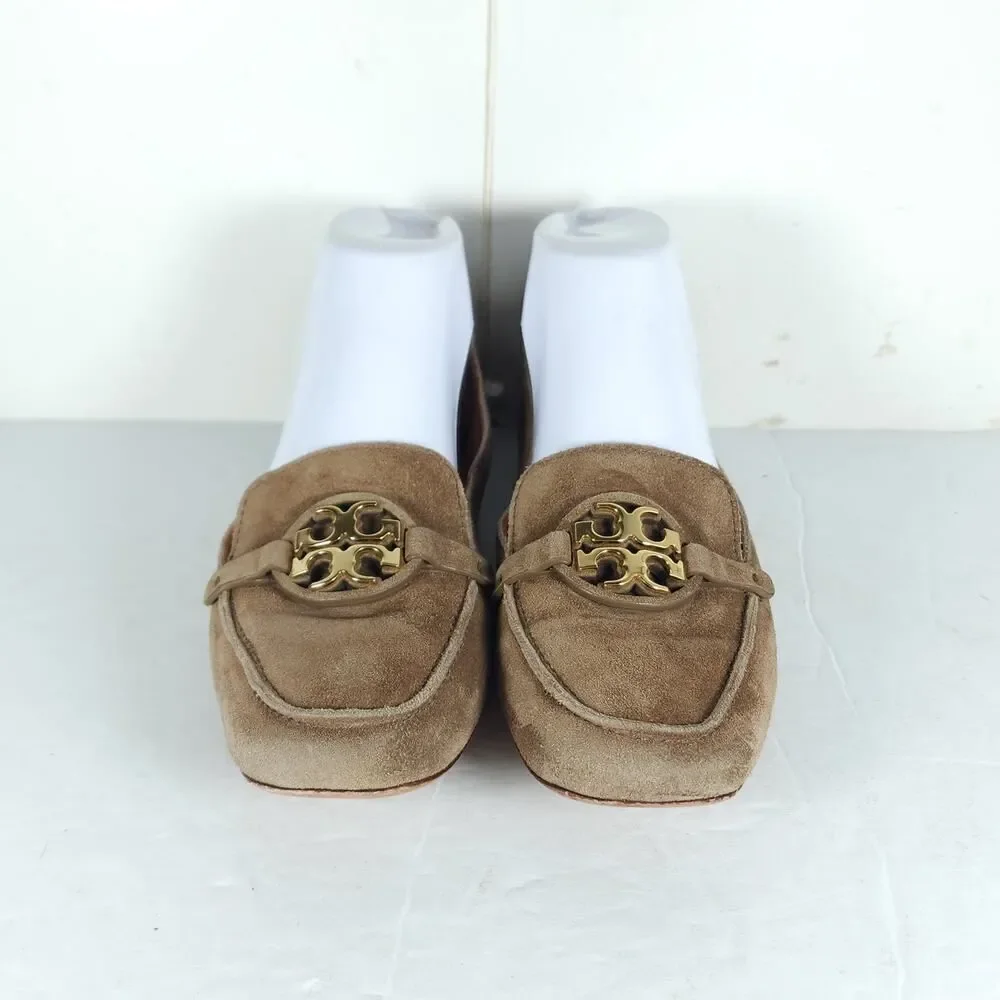 TORY BURCH Women's Metal Miller US8M Taupe Suede Medallion Logo Loafer Flats